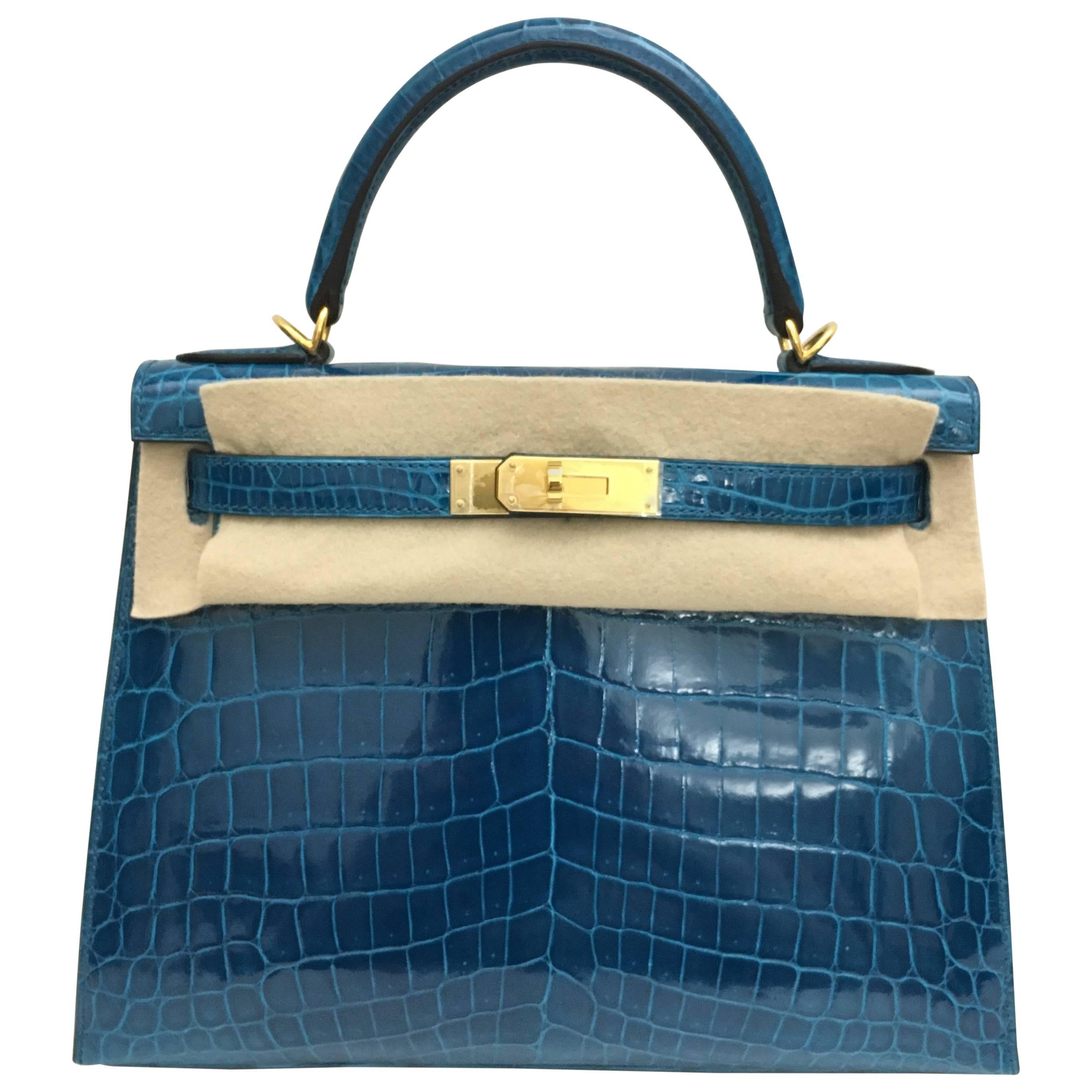 Brand New Hermes Kelly 28 Blue Izmir Shiny Croc GHW For Sale