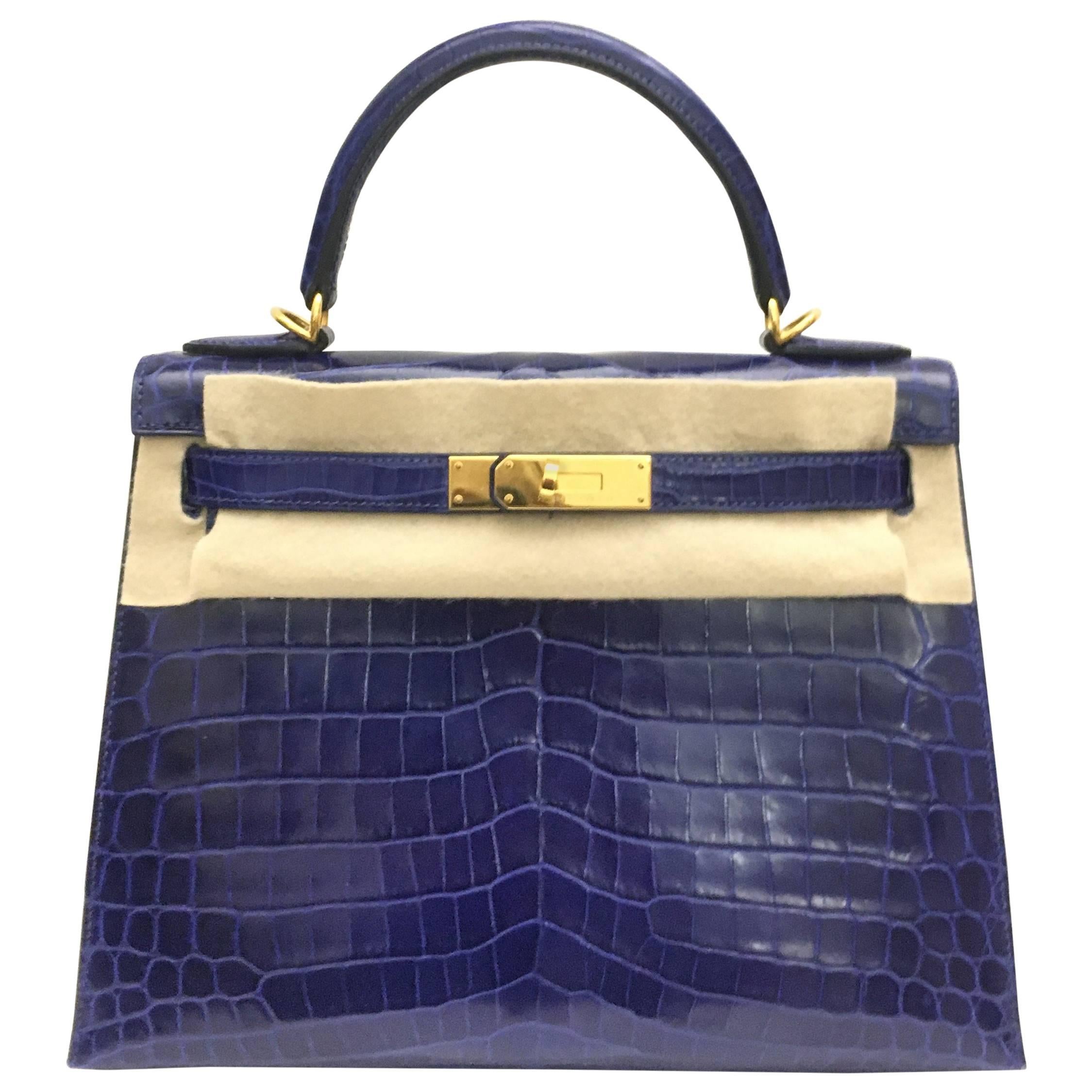 Brand New Hermes Kelly 28 Electric Blue Shiny Croc GHW For Sale