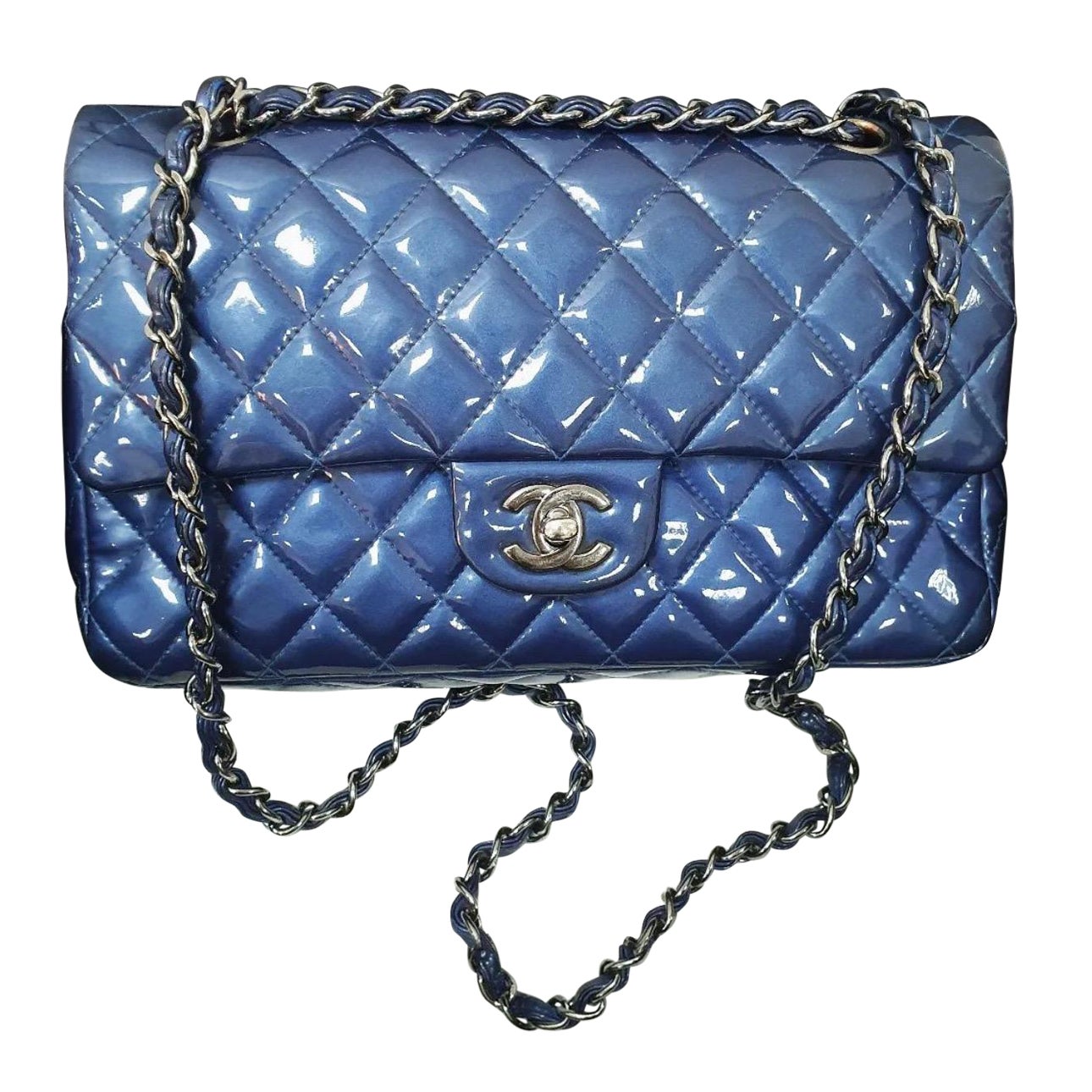 Chanel Blue Patent Leather Timeless Classic Double Flap Bag