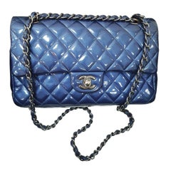 Chanel Blue Patent Leather Timeless Classic Double Flap Bag