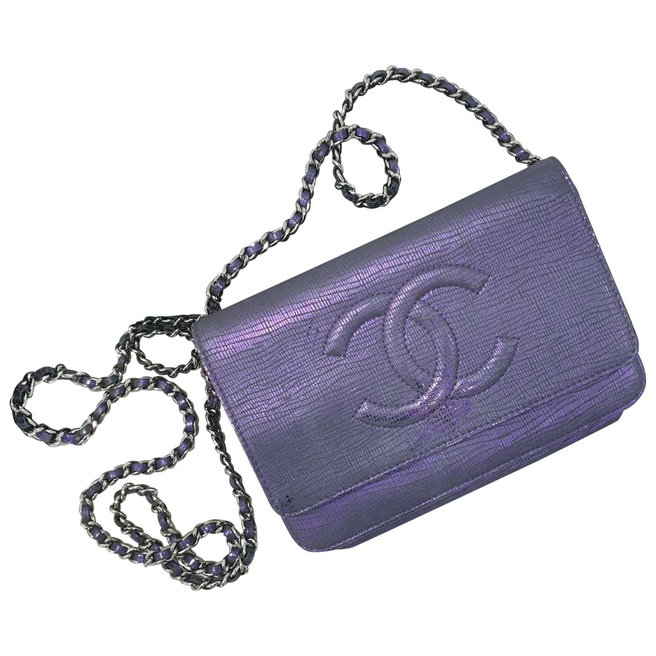 Chanel Purple Metallic Crackling Lizard Printed Timeless WOC