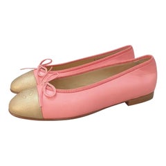 Used Chanel Pink Gold Leather Cap Toe Ballet Flats