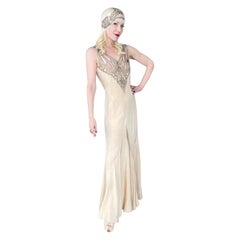 1930's French Ivory Creme Silk Beaded Sheer Illusion Deco Bias-Cut Bridal Gown