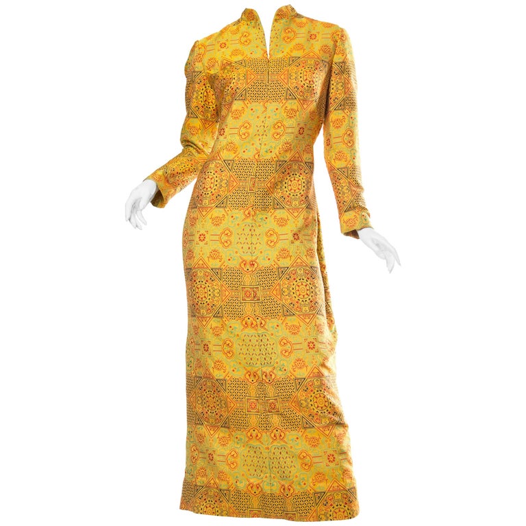 1960S ADELE SIMPSON Yellow Silk Blend Jacquard Chinese Inspired Long ...