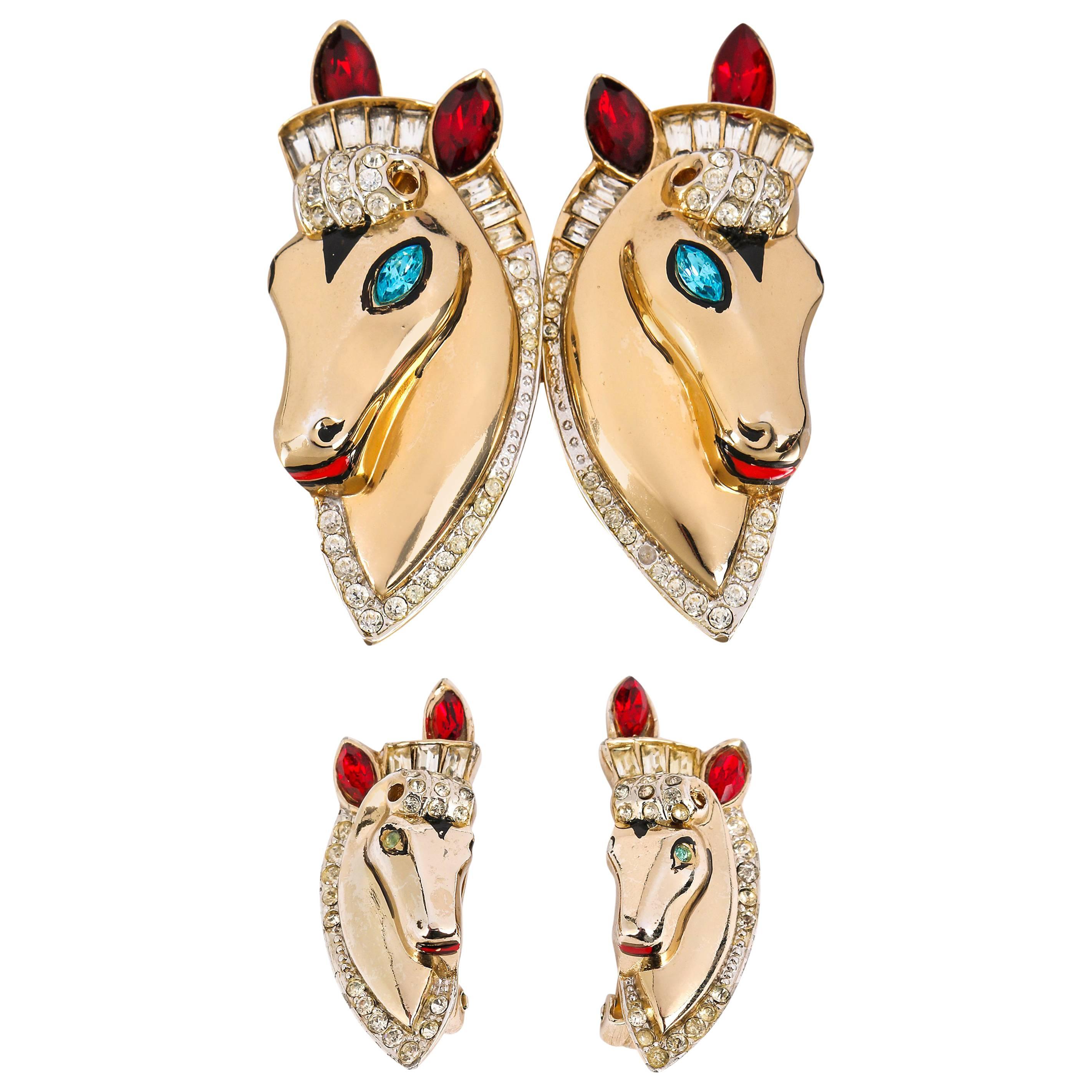 COROCRAFT c.1943 Duette Horse Equestrian Gold Earrings Brooch Demi Parure Set