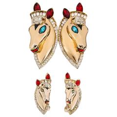 COROCRAFT c.1943 Duette Horse Equestrian Gold Earrings Brooch Demi Parure Set 3
