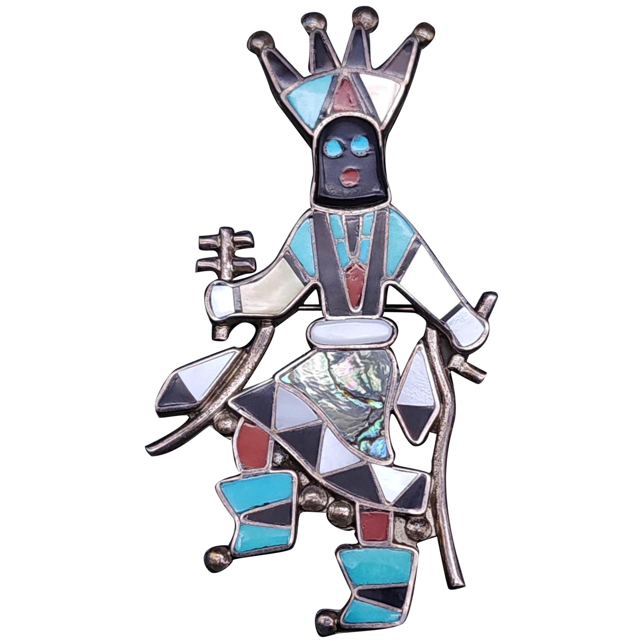 Zuni Native American Gan Dancer Pin Pendant, Silver Mosaic Inlay For Sale