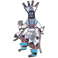 Zuni Native American Gan Dancer Pin Pendant, Silver Mosaic Inlay