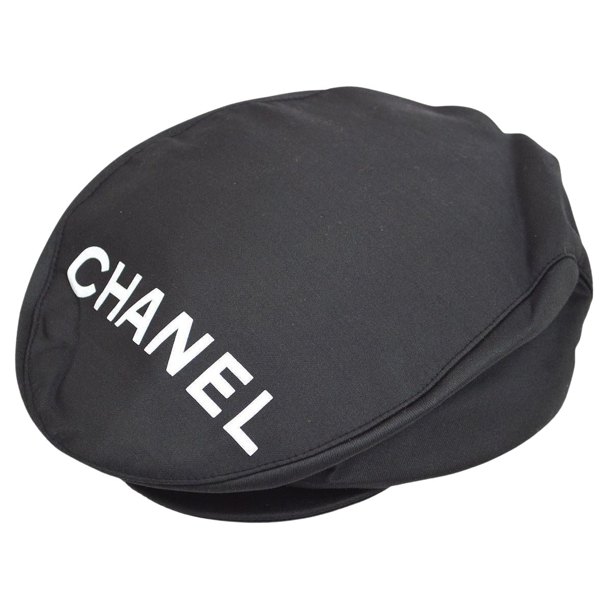 CHANEL Black White Logo Cotton Silk Blend Paperboy Cap Hat  For Sale
