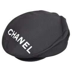Retro CHANEL Black White Logo Cotton Silk Blend Paperboy Cap Hat 
