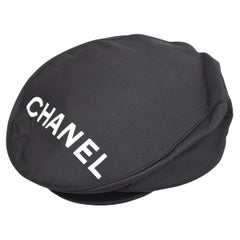 Vintage CHANEL Black White Logo Cotton Silk Blend Paperboy Cap Hat 