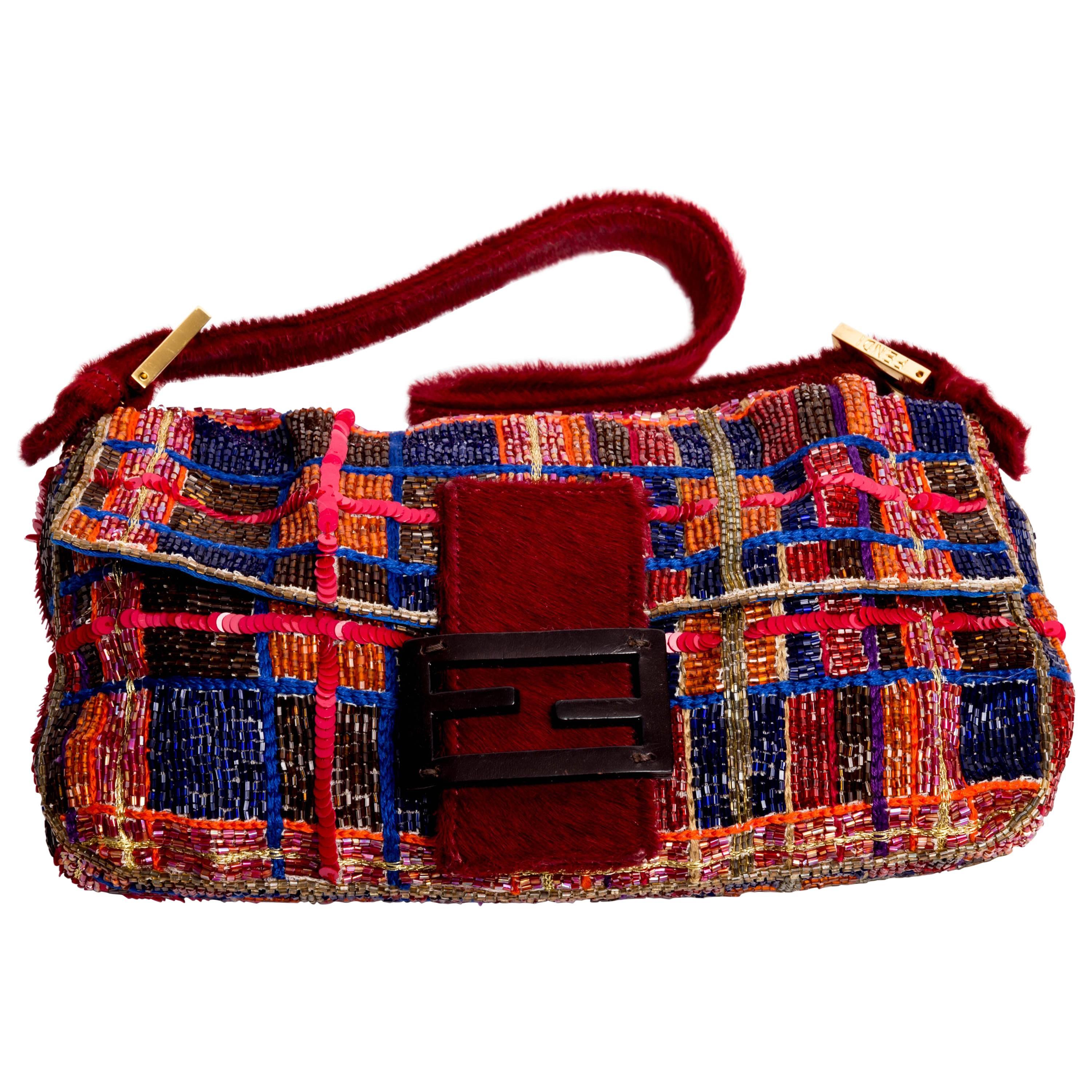 Fendi Red Checkered Bugle Bead and Sequin Baguette with Pony Skin Handle