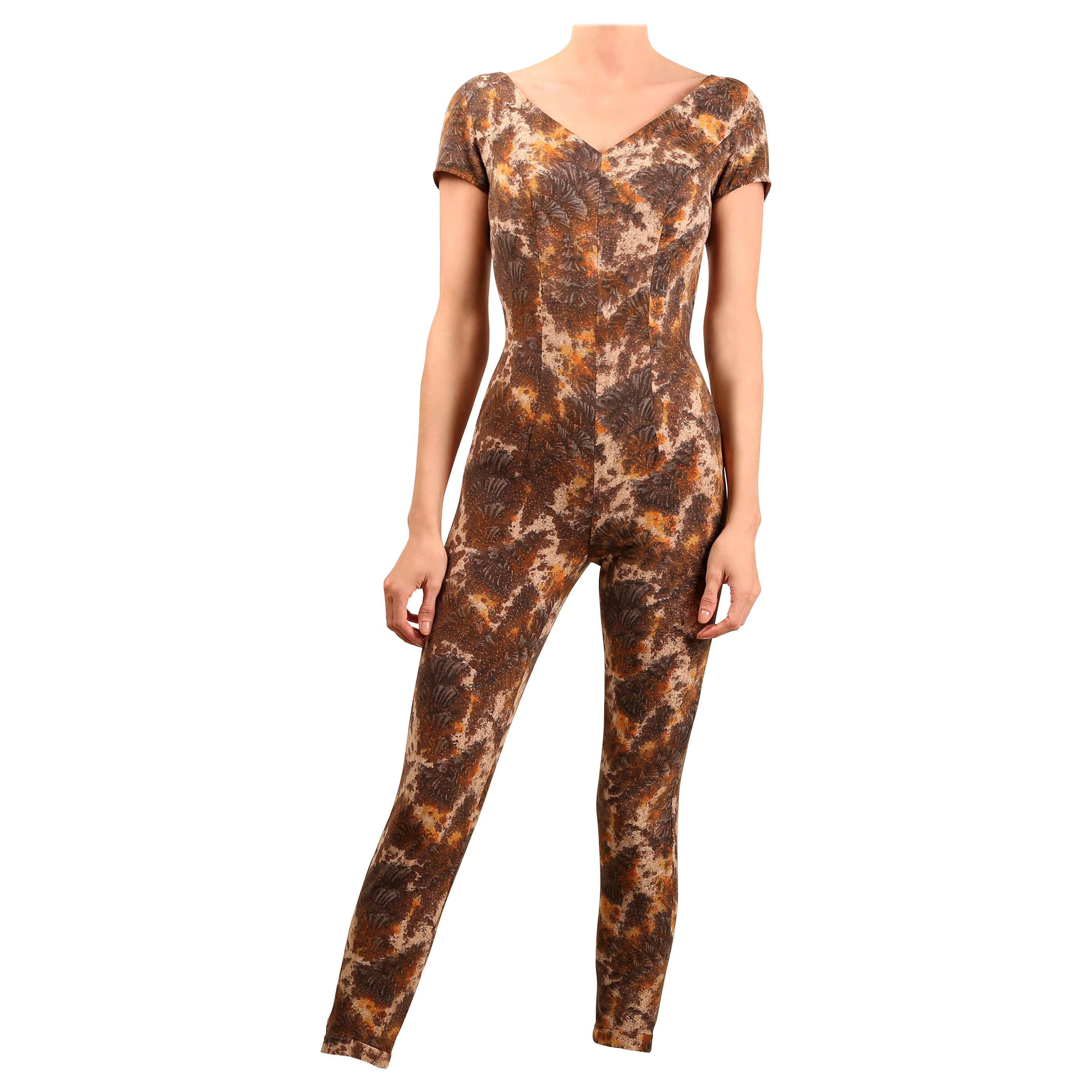Emilio Pucci vintage fitted brown abstract print body con cat suit silk jumpsuit For Sale