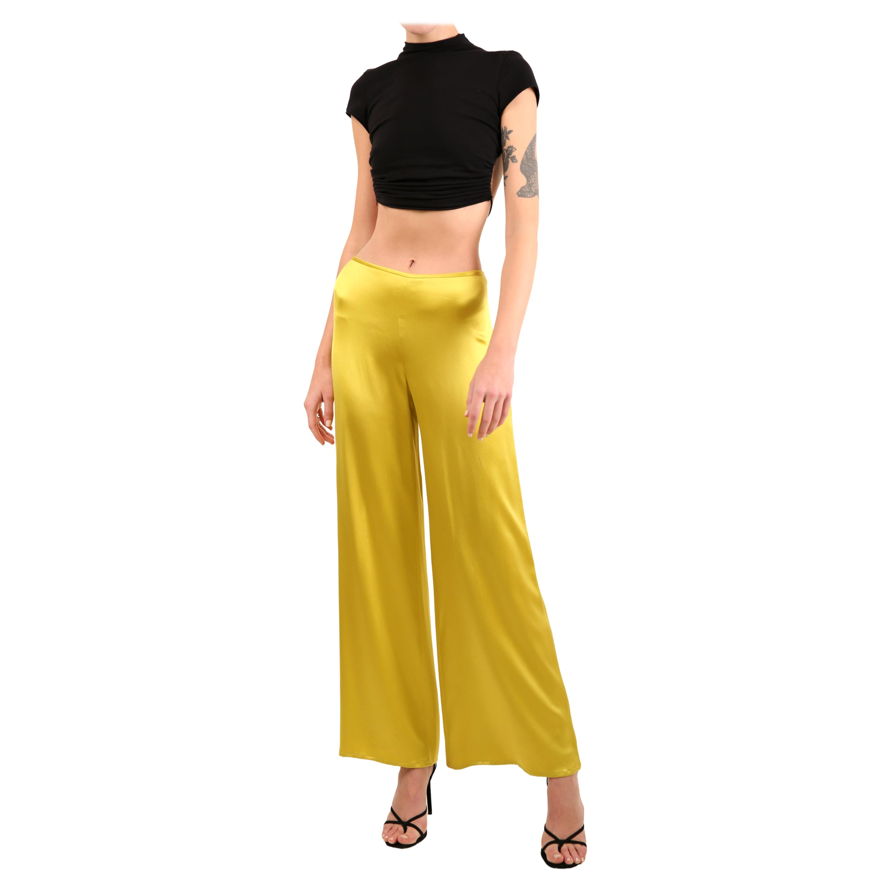 Naeem Khan yellow chartreuse silk wide leg flowing trousers dress pants US 4 For Sale