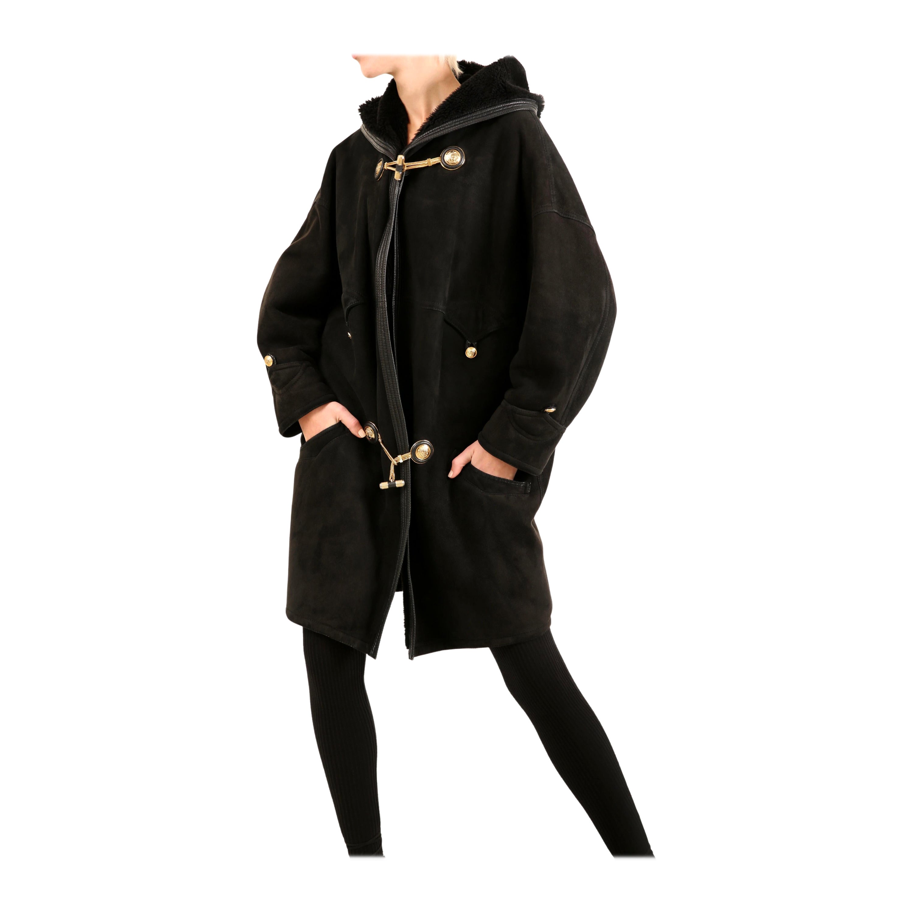 Gianni Versace 90's XS - L black leather suede shearling bondage coat jacket For Sale