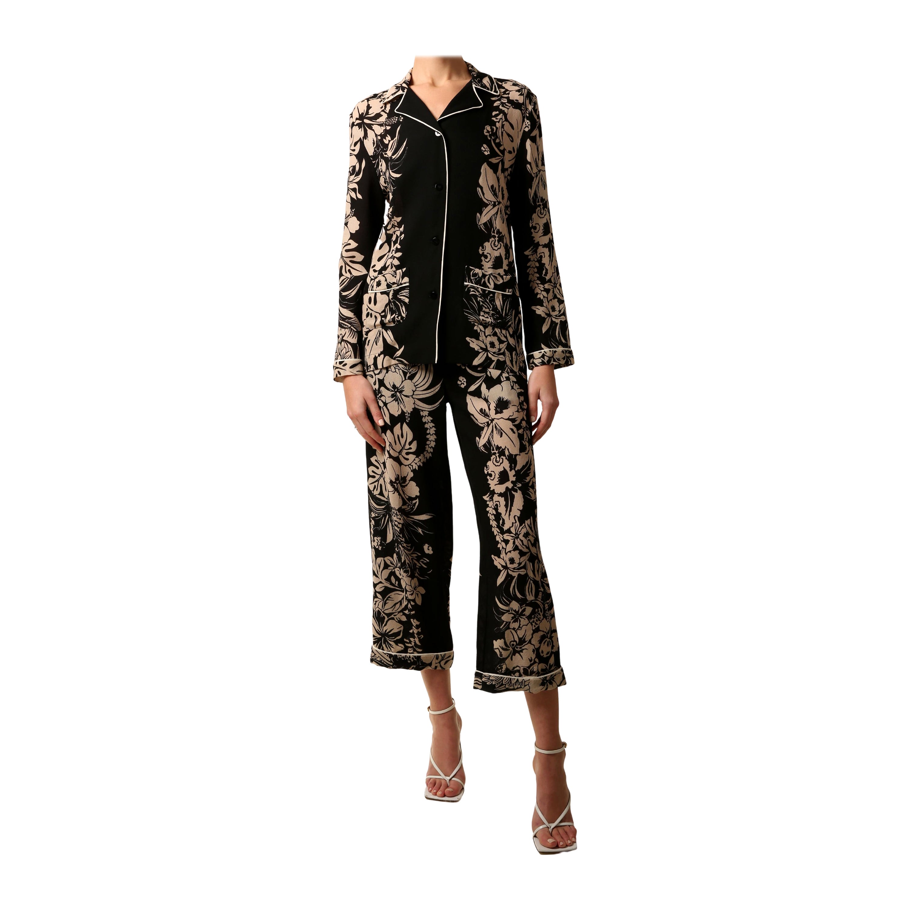 Valentino pyjama style black nude floral print blouse wide dress pants jumpsuit