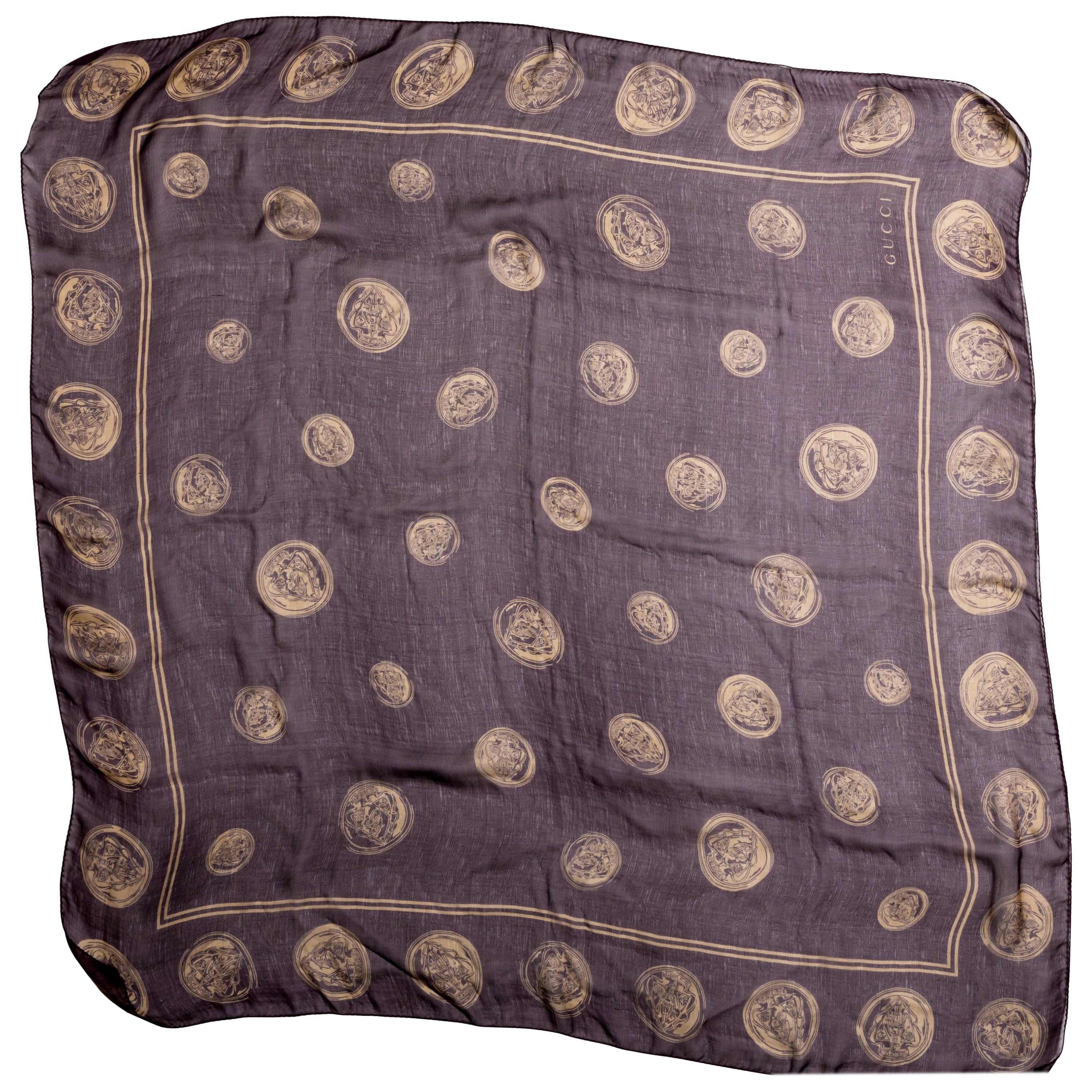 Gucci Aubergine Silk Scarf with Gold Coins 