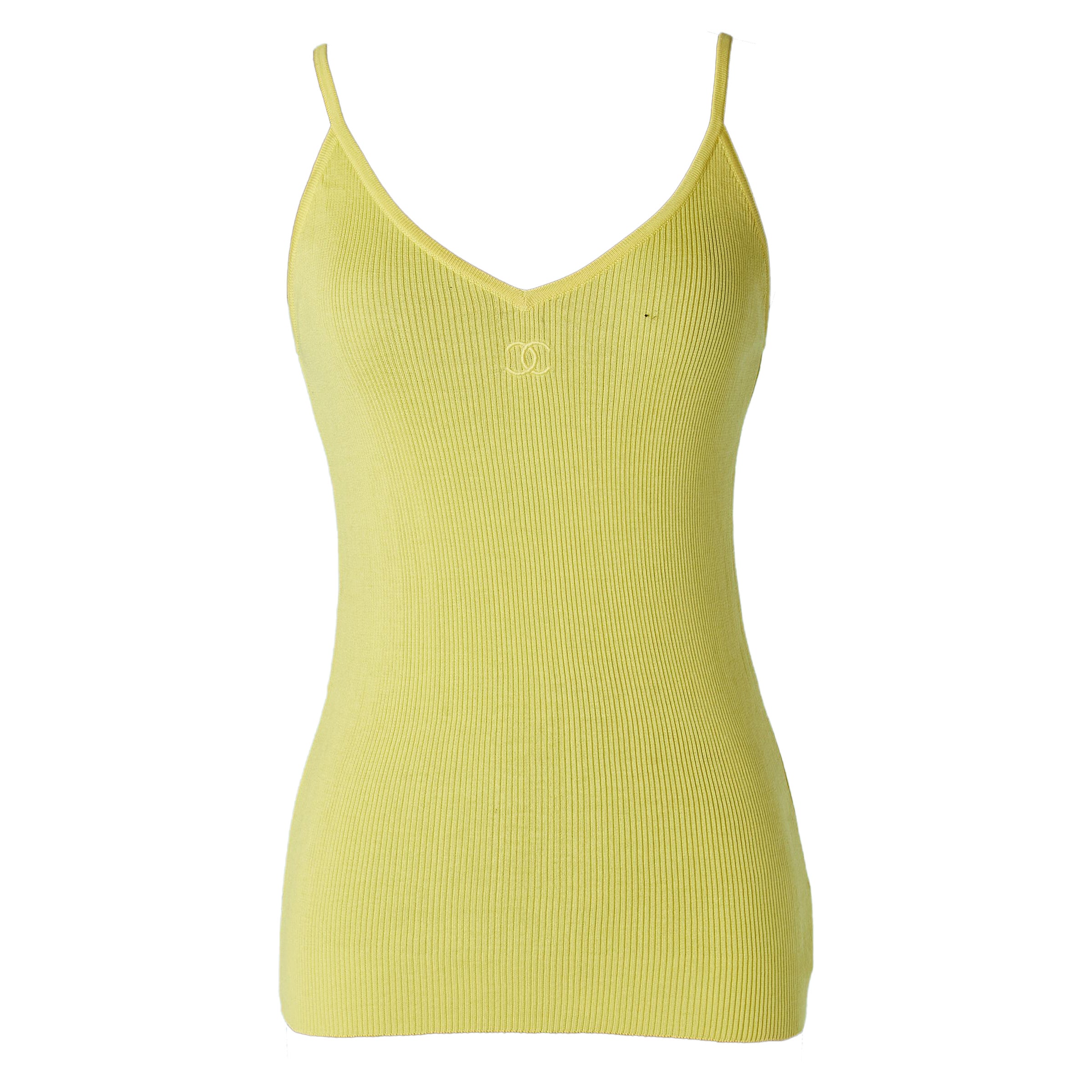 Yellow knit tank-top with tread embroidery brand in the front Chanel Boutique  For Sale