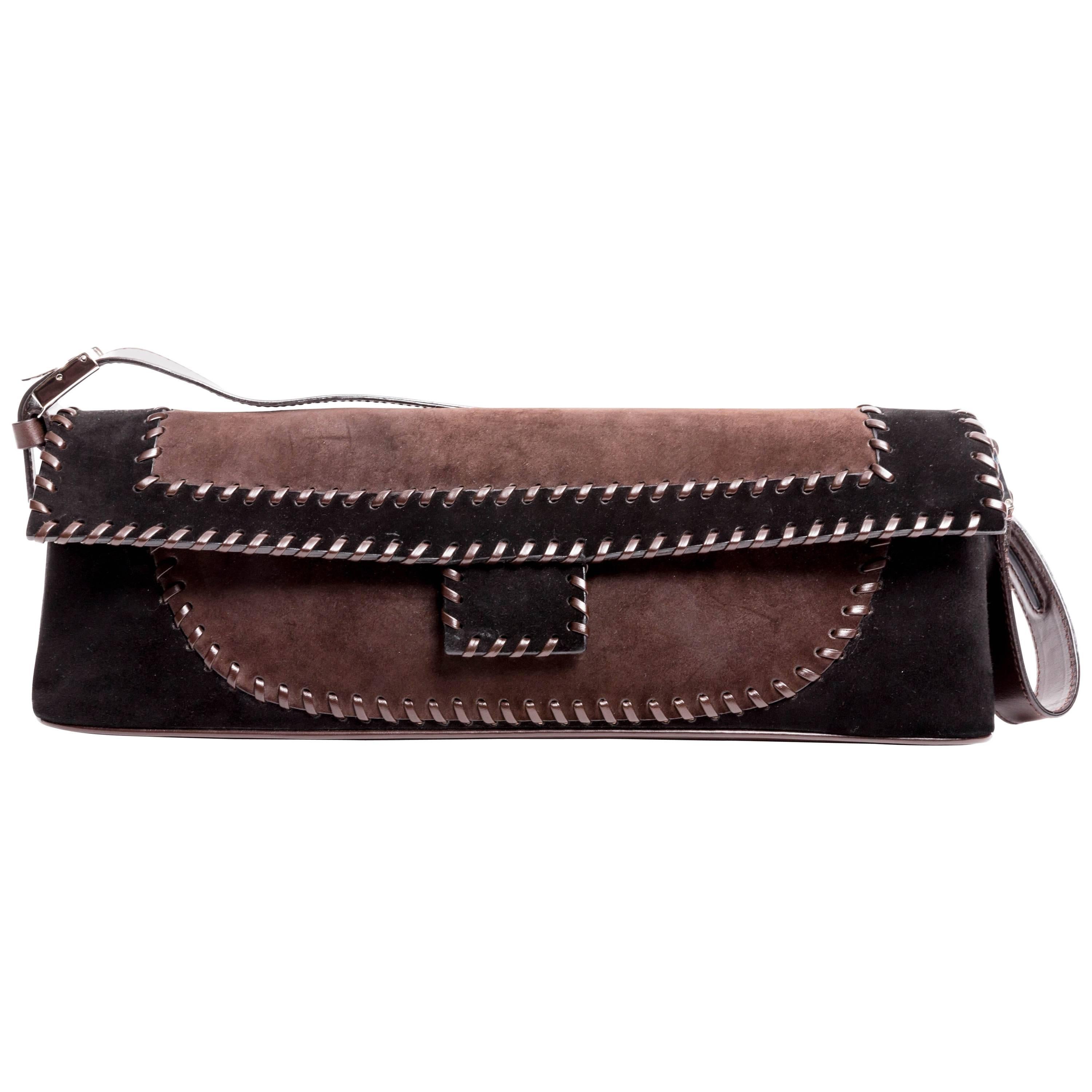 Ferragamo Black and Brown Suede Whipstich Shoulder Bag