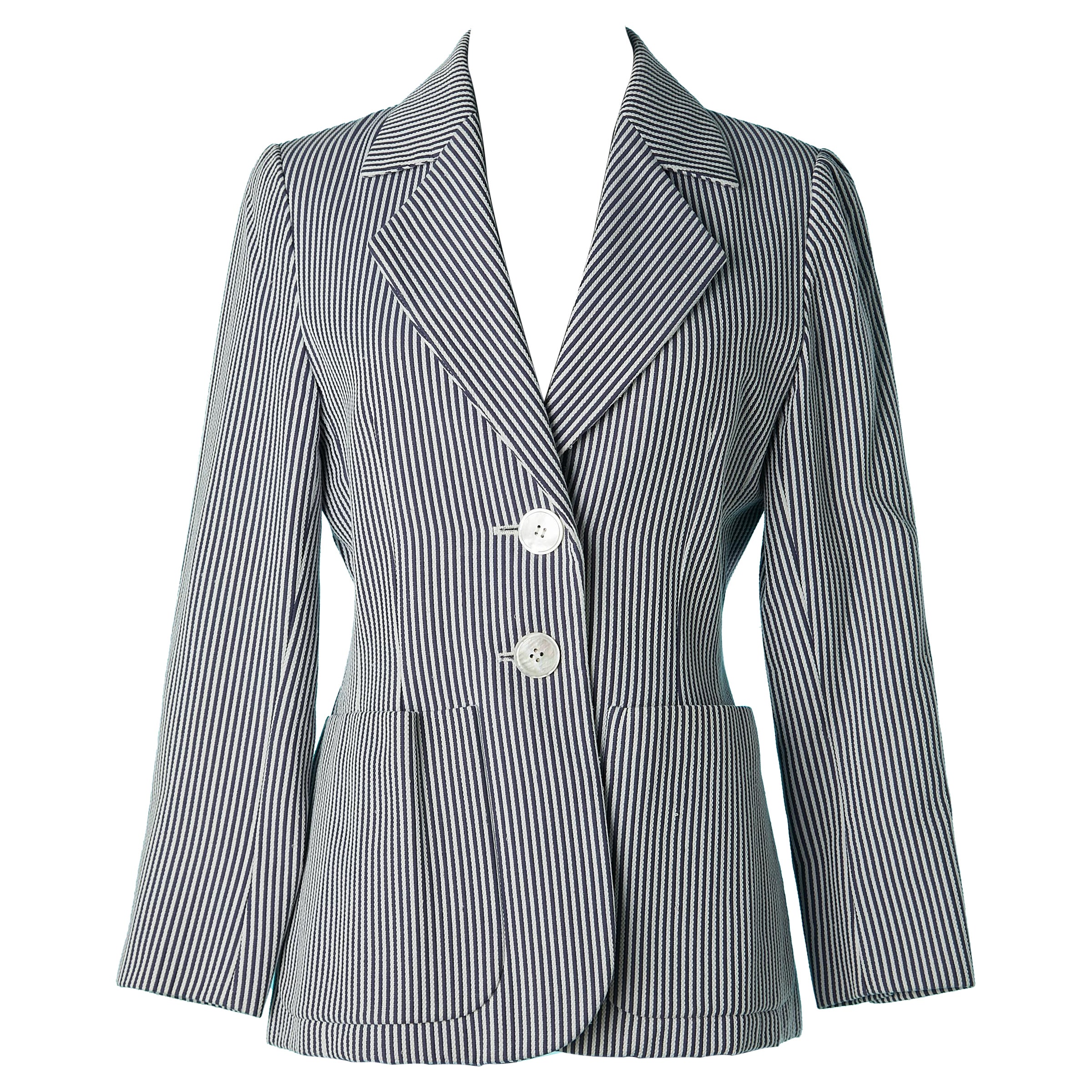 White and blue striped single-breasted jacket Yves Saint Laurent Rive Gauche  For Sale
