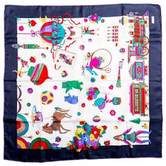 Gucci Silk Circus Collection Scarf with Blue Border