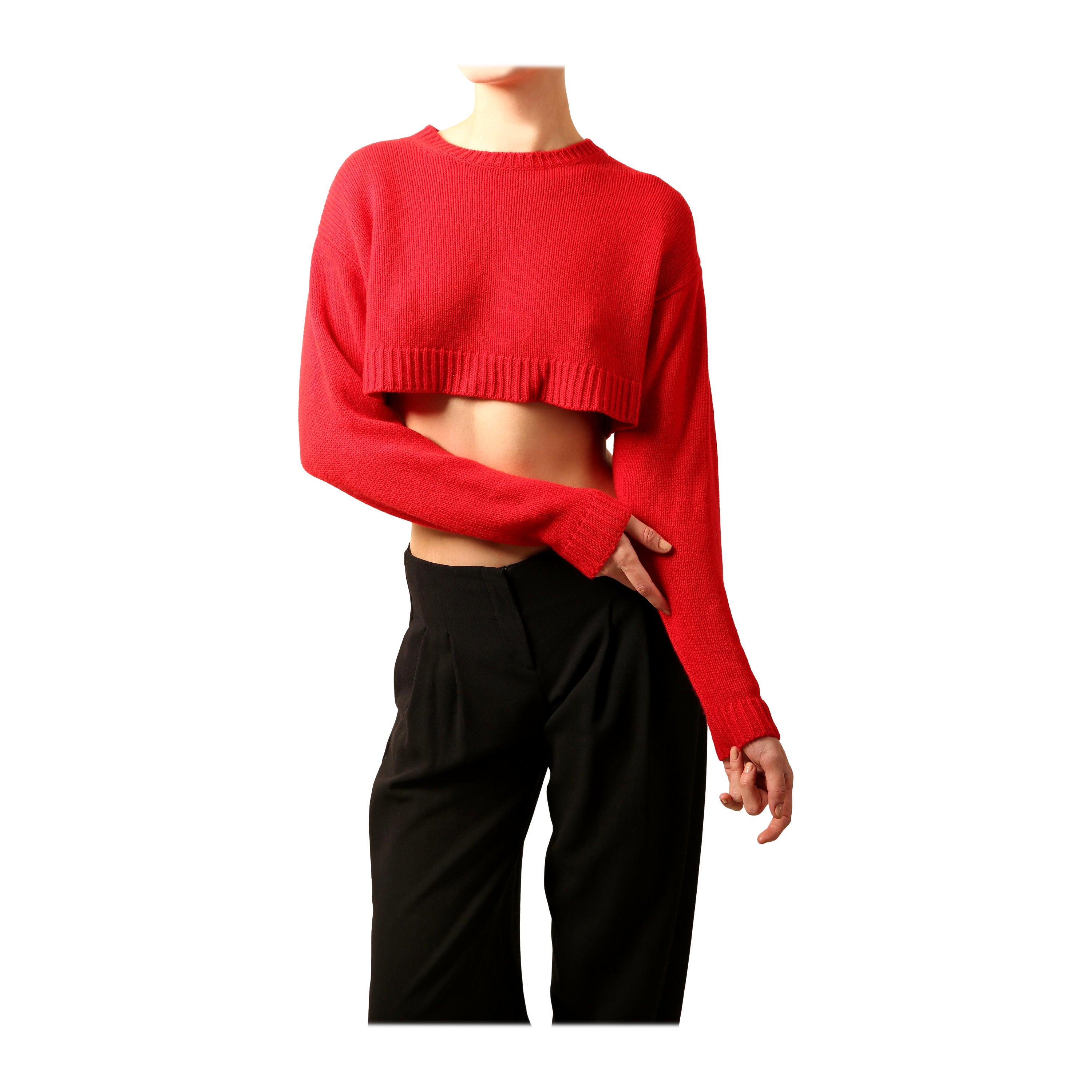Miu Miu oversized red cropped crop crew neck cashmere wool knit knitted sweater