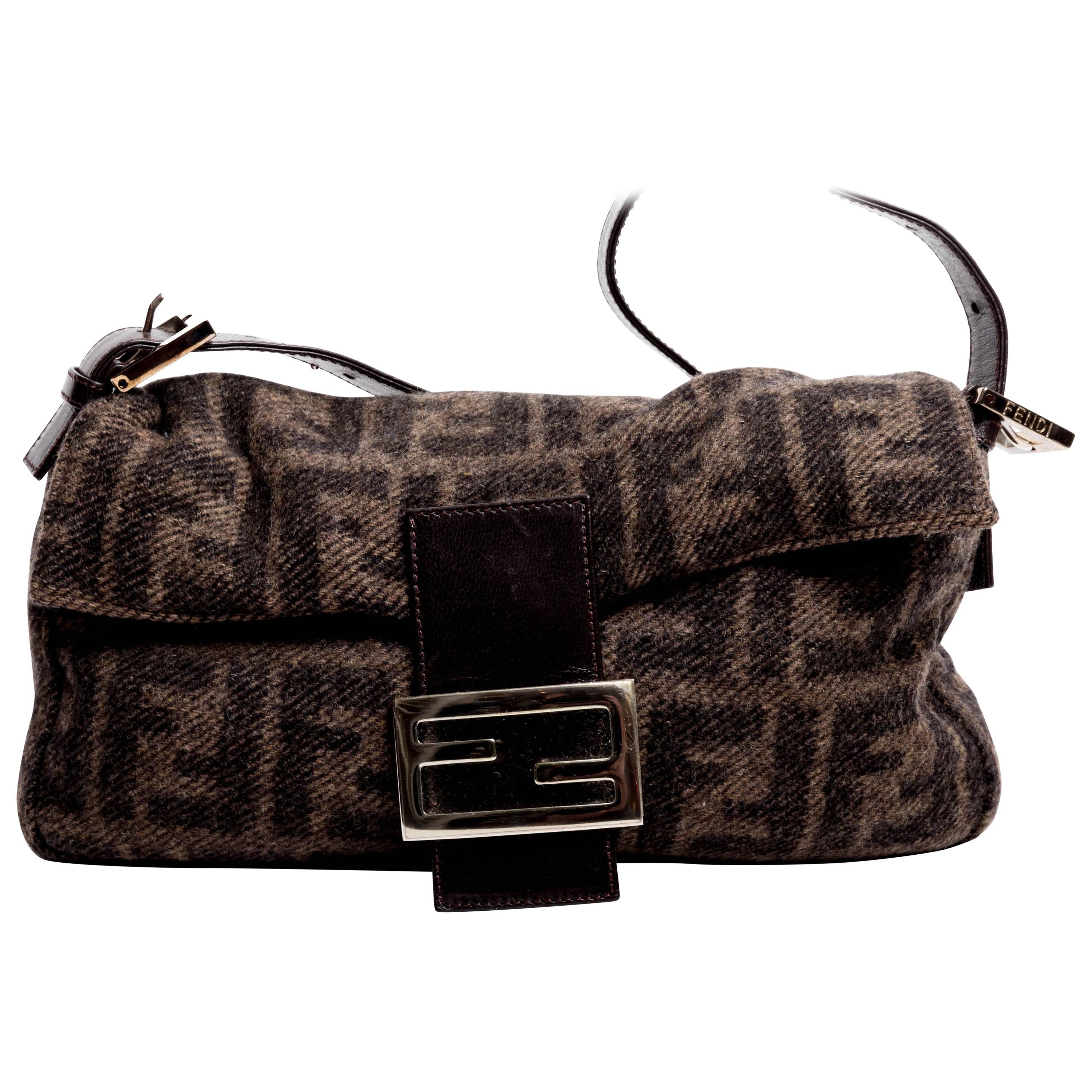 Fendi Cashmere Logo Baguette with Brown Leather Handle