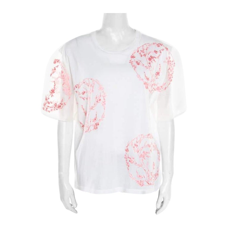 Alexander McQueen White Cotton Floral Embroidered Silk Sleeve Detail Oversized T For Sale