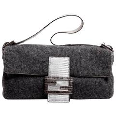 Fendi Grey Cashmere Baguette with Silver Leather and Crystal Baguette Clasp