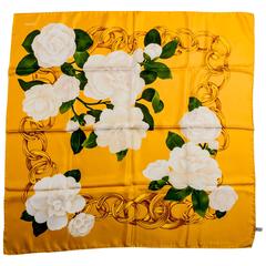Chanel Gold and White Camellia Silk Scarf