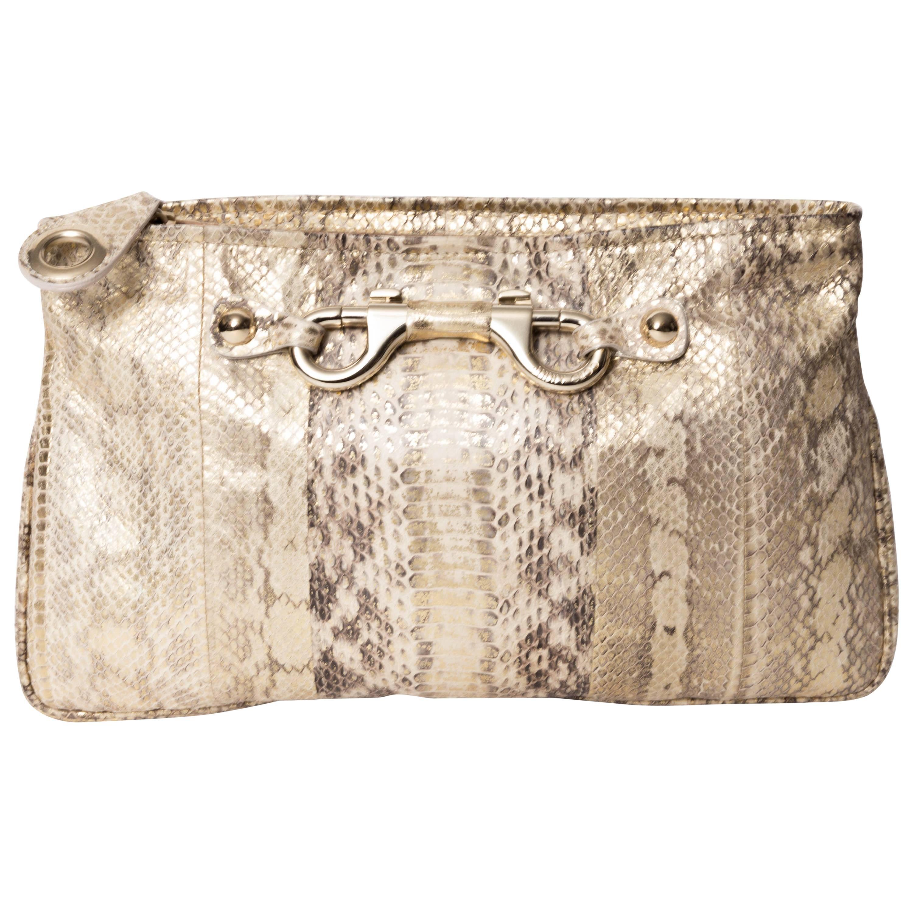 Jimmy Choo Gold and Tan Snakeskin Clutch with Horsebit Accents