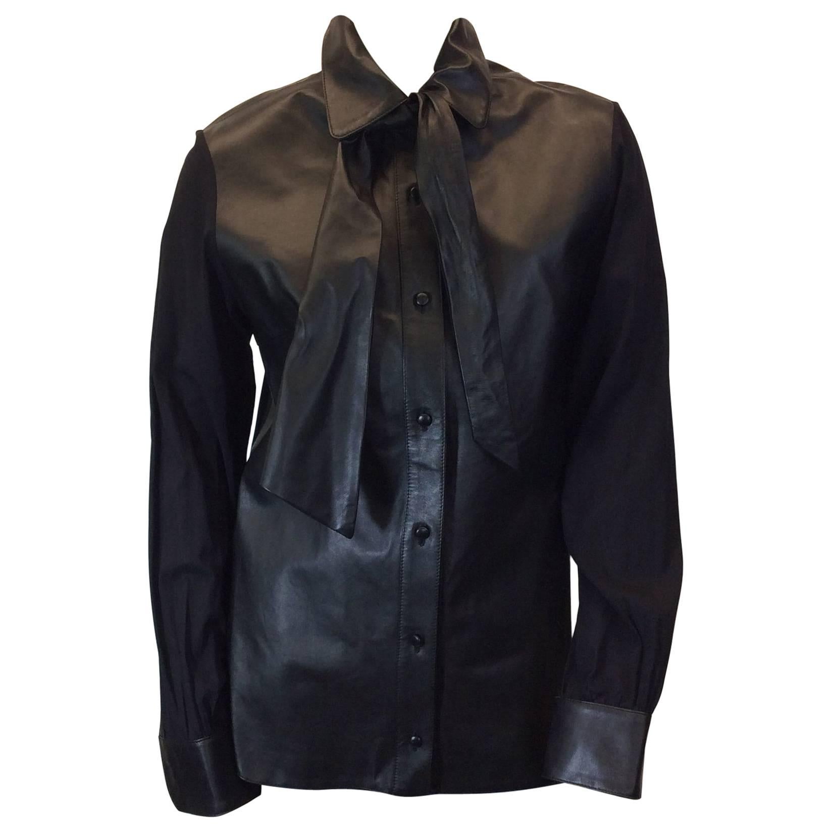 Anna Molinari Black Leather Blouse with Neck Tie For Sale