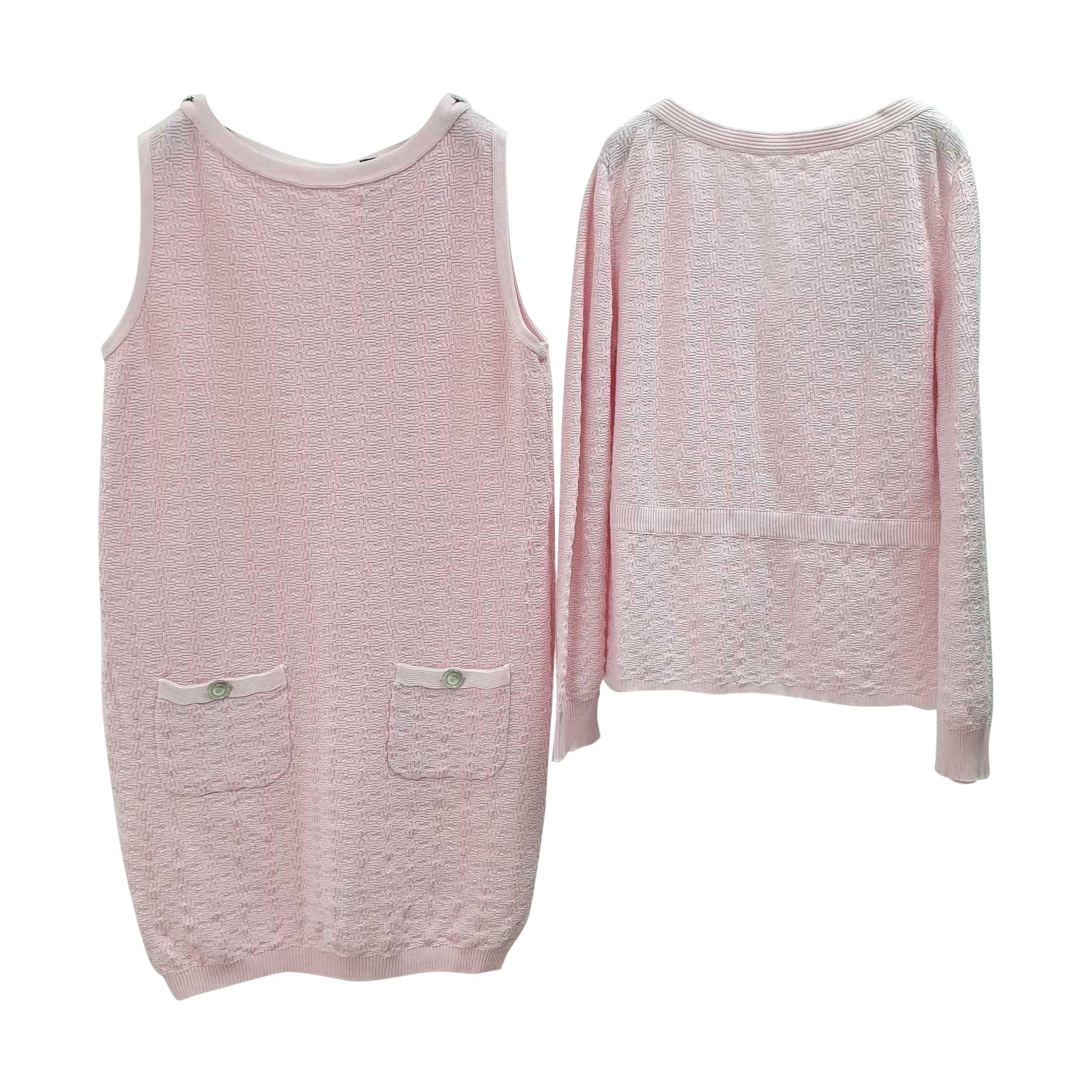 CHANEL 2014 Pink Cotton Dress Cardigan Suit Set For Sale