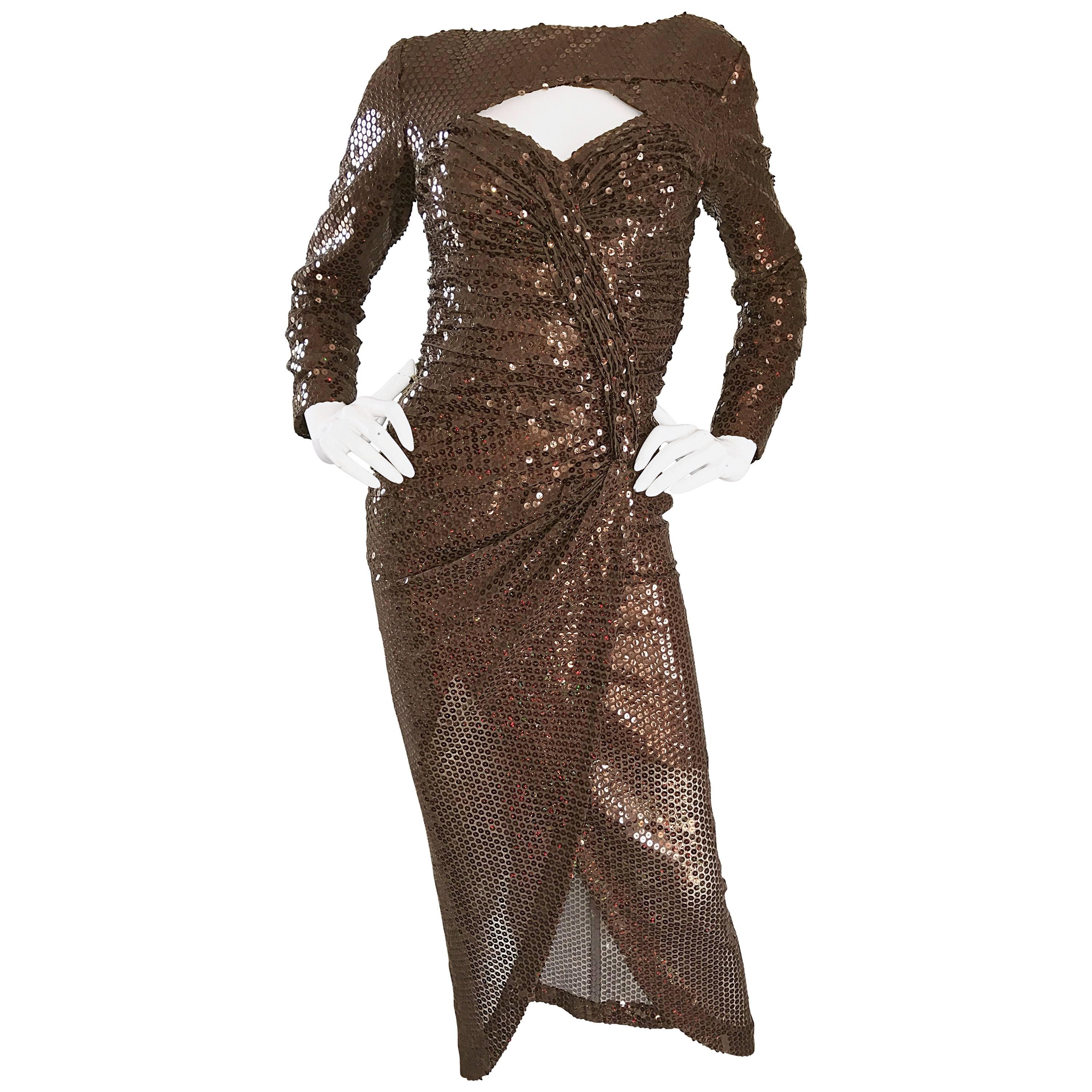 Vicky Tiel Vintage Couture Sexy Chocolate Brown Sequin Cut Out Bodycon Dress