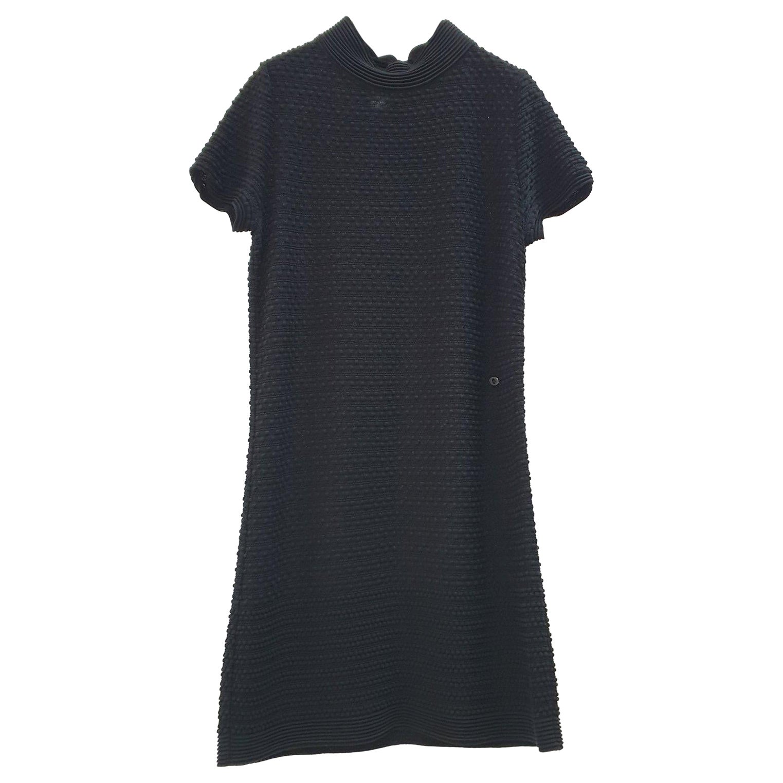 CHANEL Black CC Logo Button Boat Neck A-line Knit Mini Dress For Sale