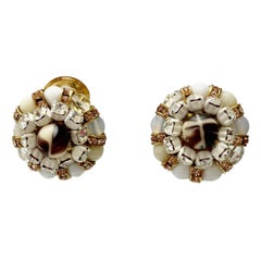 Used Francoise Montague White and Gold Clip Earrings