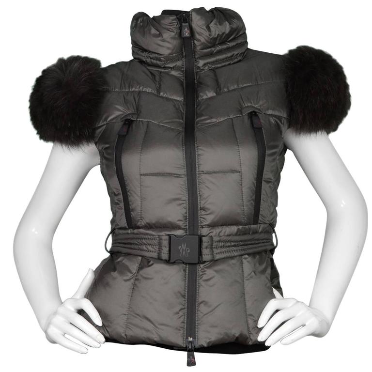 Moncler Dark Grey Down Vest w/ Fur Sz 0 NWT For Sale at 1stDibs