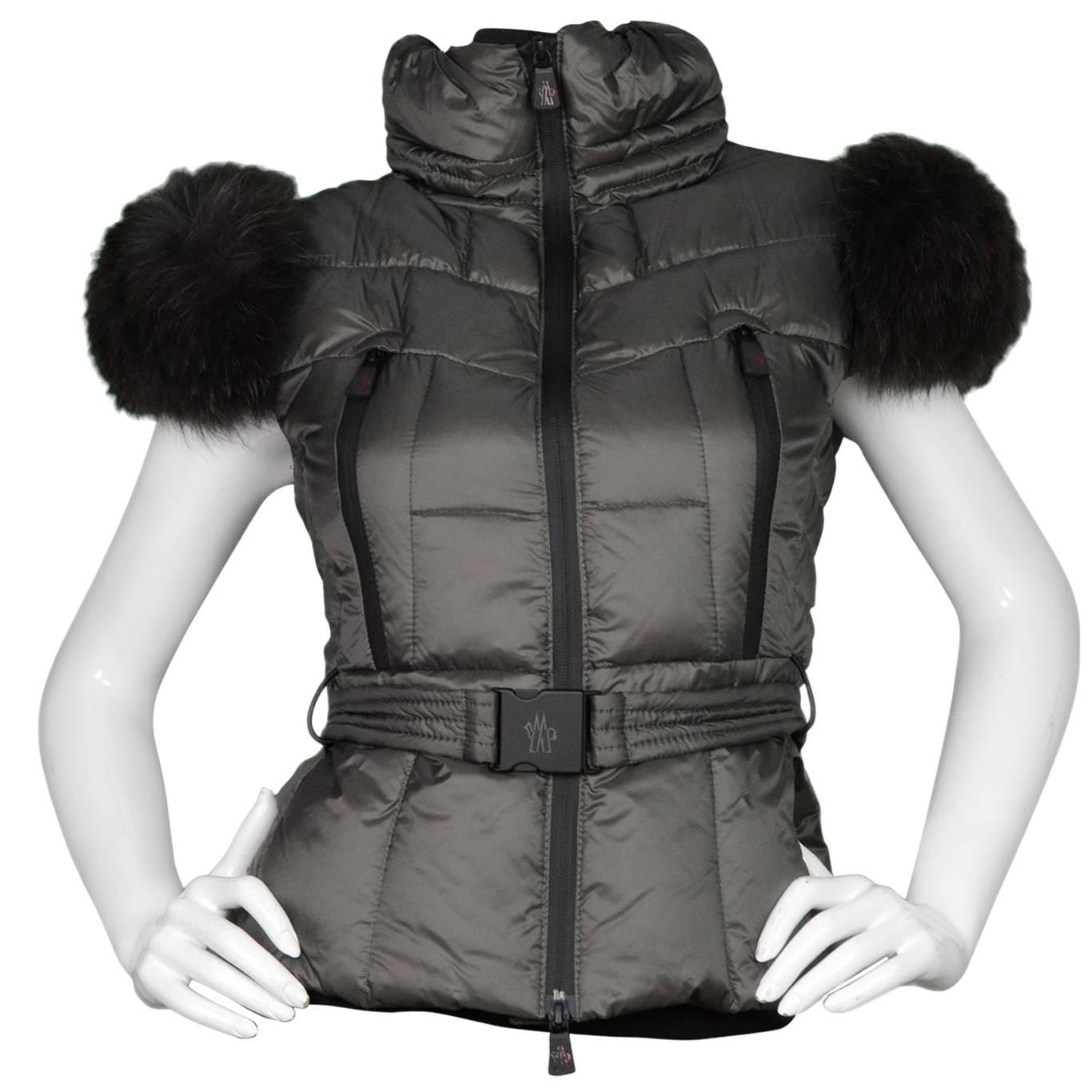Moncler Dark Grey Down Vest w/ Fur Sz 0 NWT