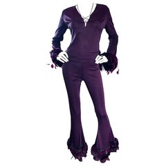 Vintage Pamela Dennis Couture Custom Made Aubergine Feather Trimmed Pant Set