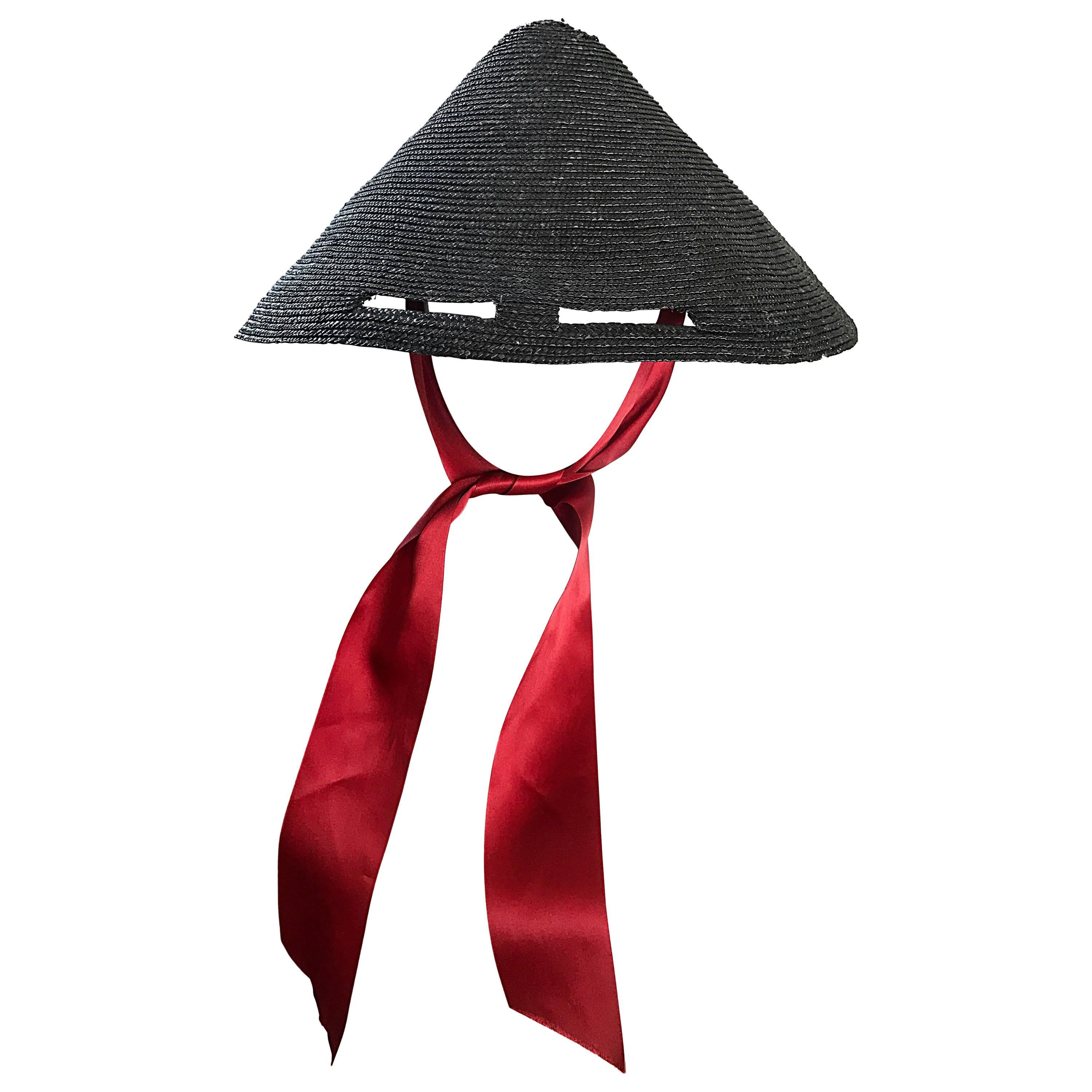Rare Vintage 1950s Black Straw 50s Hat w/ Eye Slits and Red Silk Ribbon Tie