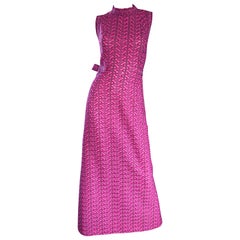 1960s Hanro Siesta Fuchsia Hot Pink Zig Zag Vintage 60s Kint Maxi Dress w/ Bow