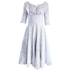 Beautiful 1950s White Lace + Baby Blue 3/4 Sleeves Vintage 50s Swing Dress 