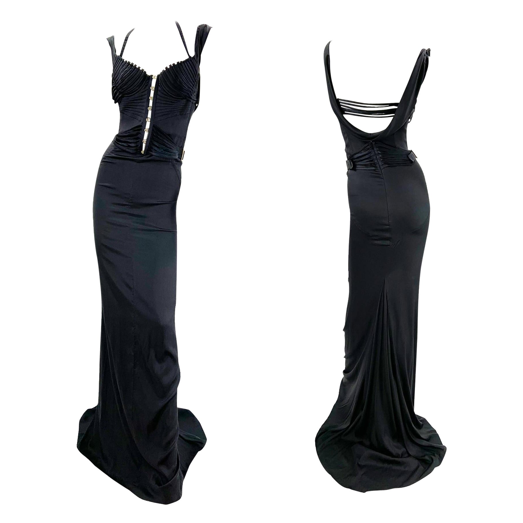 Iconic Tom Ford for Gucci F/W 2003 Runway Black Corset Stretch Dress Gown 38 For Sale
