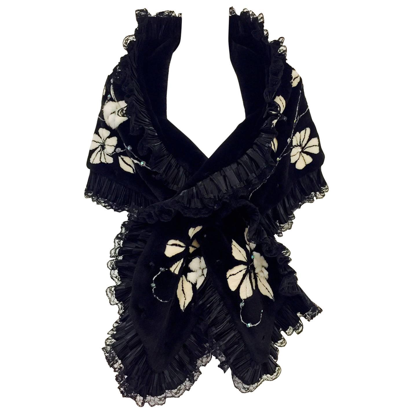 Zuki Black Onyx Sheared Beaver Vines and New Flowers Stole With Mink Accents