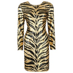 LILLIE RUBIN c.1980's Gold Black Sequin Bead Tiger Stripe Cocktail Evening Dress