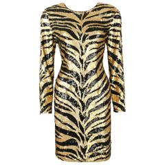 LILLIE RUBIN c.1980's Gold Black Sequin Bead Tiger Stripe Cocktail Evening Dress 12