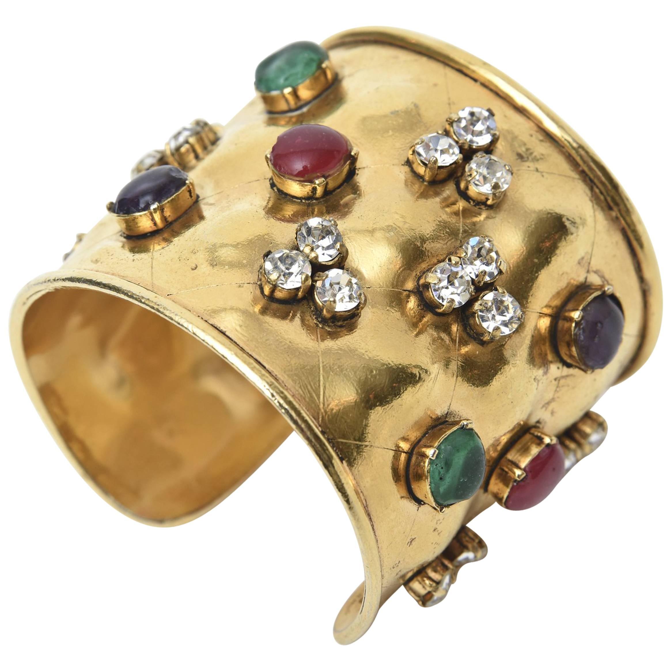 Chanel Gripoux Glass Cabochon & Rhinestone Gold Plated Cuff Bracelet 