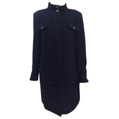 Chanel Navy Metallic Tweed Coat With Standup Collar and Placket Size 46