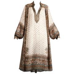 Judith Ann 1970s Vintage Paper Thin Silk Indian Hand-Block Print Dress