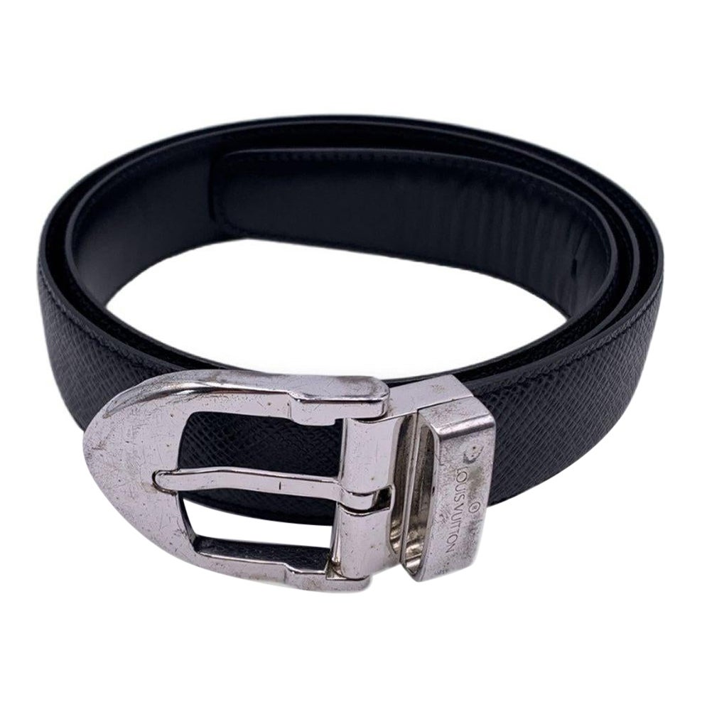 Louis Vuitton Black Taiga Silver Metal Buckle Classic Belt Size 85/34 For Sale